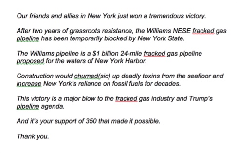 Screenshot of Edited 350.org email appeal with more white space added in and paragraphs broken up.