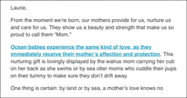 Screenshot of an Email Appeal where the writer talks about how out mother's nurture and protect their babies from the moment they are born.