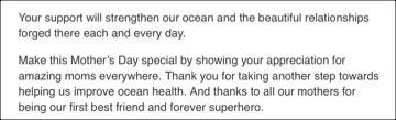 Screenshot of an Email Appeal where the writer says that by to Ocean Conservancy in honor of your mother you are helping protecting the habitat of marine animals and their babies.