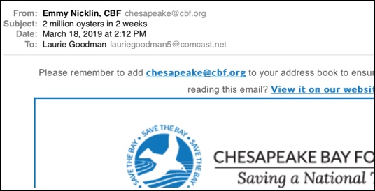 Screen shot of email from Chesapeake Bay Foundation with subject line: 2 million oysters in 2 weeks.