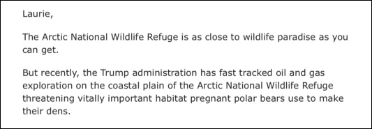 Screen shot of part of an email mentioning the need to protect polar bears in the Arctic National Wildlife Refuge.