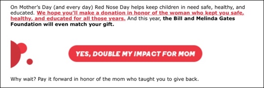 Screenshot of an email appeal that demonstrates how helping children in need is another way to honor your mother on mother's day--because mothers are always willing to help children, all children.