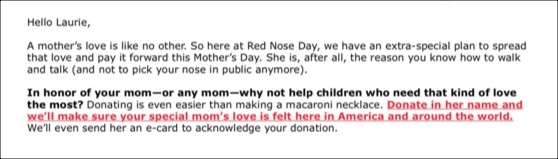Screenshot of an Email appeal that asks the reader to honor their mother that kept them safe, healthy, and educated by donating to cause that helps other children stay safe, healthy and educated too.
