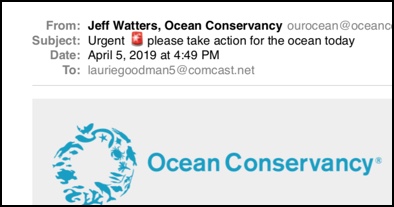 Screen shot of an email from Ocean Conservancy with subject line: Urgent: please take action for the ocean today